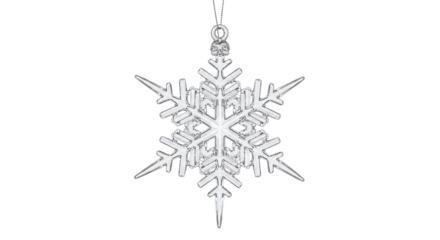A beautiful clear glass snowflake ornament isolated on transparent background, perfect for christmas tree decoration or winter holiday themed designs