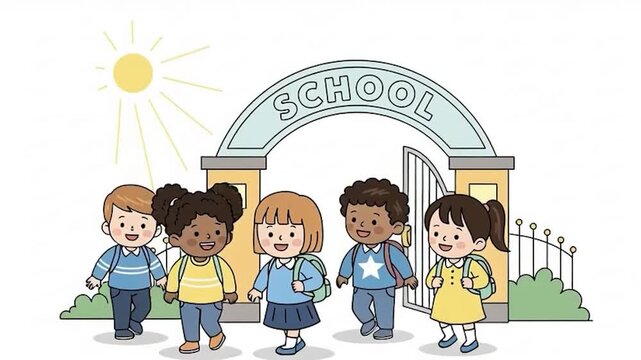 Diverse Group of Happy Children Walking to School Together.