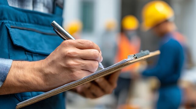 Construction inspector writing on a clipboard at a building site