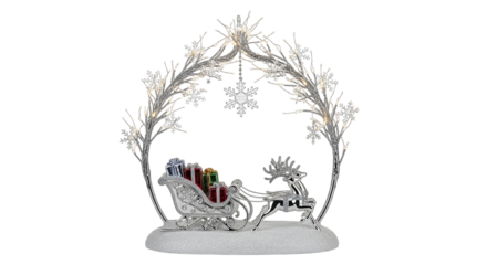 Silver reindeer and sleigh with gifts decoration isolated on transparent background festive holiday ornament with glittery branches and snowflake charm