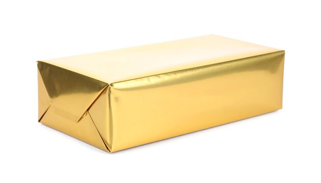 Gold Foil Package Sits Isolated. Illustrates packaging, luxury, gifts, rewards, preciousness. Use for marketing, product design, websites, finance, presentations.