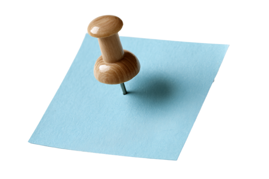 Wooden Pushpin on Light Blue Square Sticky Note on Transparent Background Paper Stationery Office Supply Reminder Notice Board Memo, PNG