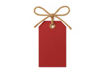 Blank red gift tag with rope bow, featuring copy space for holiday, sale, and celebration messages, transparent background