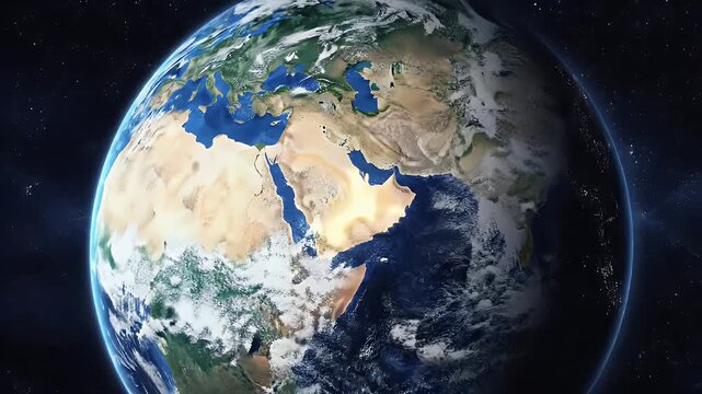 A vibrant, detailed illustration of Earth, depicting the Middle East and surrounding regions