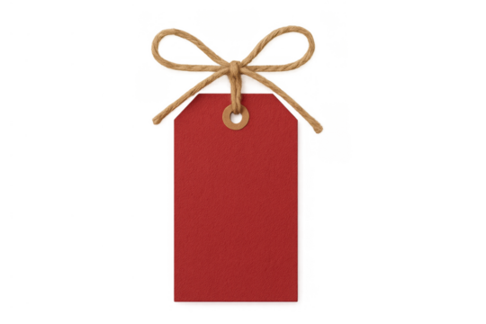 Blank red gift tag with rope bow, featuring copy space for holiday, sale, and celebration messages, transparent background - Powered by Adobe