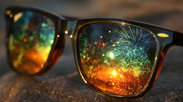 Reflective lenses of protective eyewear display a vibrant celebration of colorful pyrotechnics.