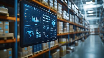 Digital Warehouse Data Visualization: A digital interface displays warehouse data visualization, with a backdrop of stacked inventory and the promise of efficient logistics. - Powered by Adobe