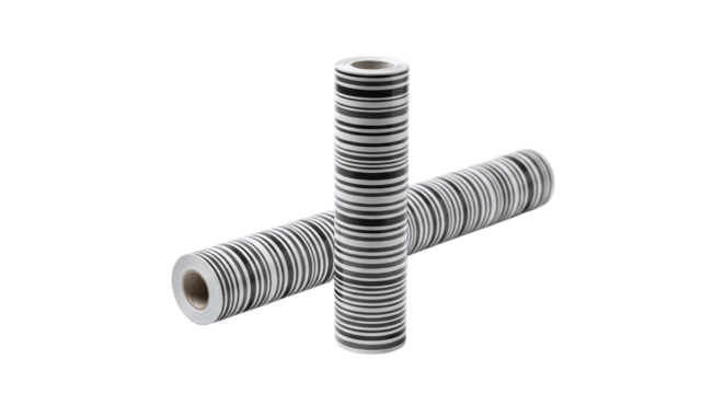 Two rolls of black and white striped paper isolated on transparent background perfect for crafts, wrapping, and decorative purposes - Powered by Adobe