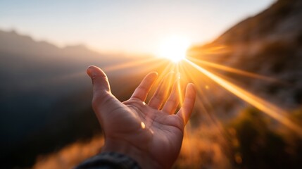 Hand Reaching for the Sun over Mountains
