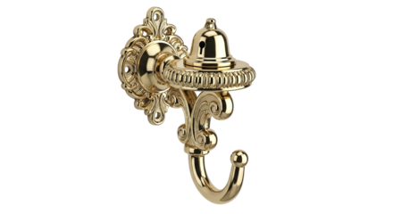 Ornate golden wall hook with a decorative design and a bell shaped top isolated on transparent background