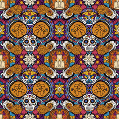 Vibrant Day of the Dead Sugar Skull Seamless Pattern. Mexican Folk Art Calavera, Marigold & Floral Background Design