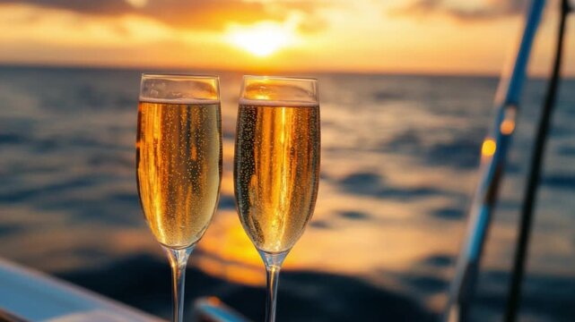 Cheers to Sunset: Two elegant champagne flutes stand gracefully, brimming with bubbly, as the sun dips below the horizon, painting the sky in vibrant hues over the ocean