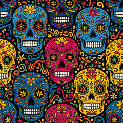 Colorful Sugar Skulls Seamless Pattern. Dia de los Muertos Mexican Calavera Design with Floral Ornaments.