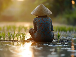 Person in conical hat plants rice seedlings in flooded field