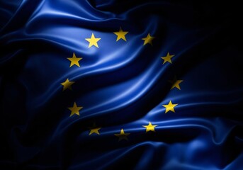 Elegant EU flag waves with dramatic lighting and subtle shine
