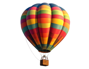Vibrant Rainbow Hot Air Balloon Floating in Clear Blue Sky, Front View, Isolated PNG