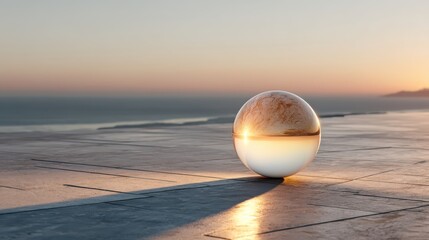 A reflective sphere rests on a surface, capturing the warm glow of a sunset over a serene landscape, creating an intriguing visual contrast.