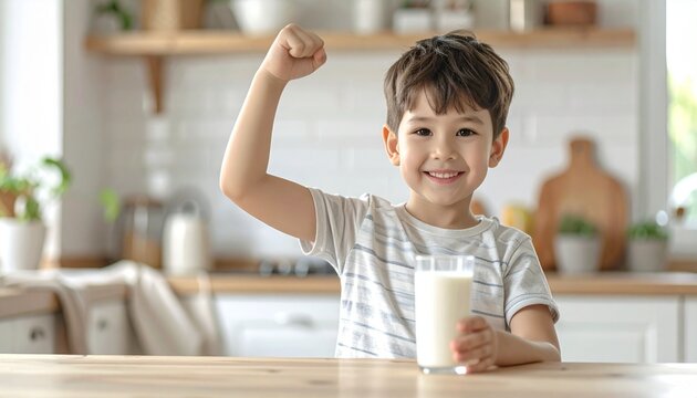 A young boy smiles proudly, holding a glass of milk, flexing his arm in a kitchen setting.