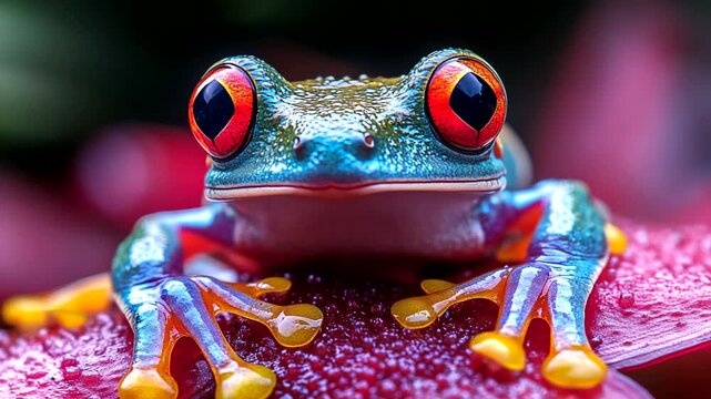 Colorful frog perched on vibrant leaf in nature