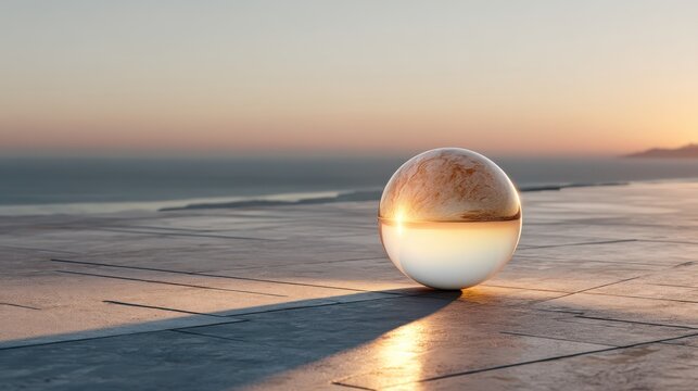 A reflective sphere rests on a surface, capturing the warm glow of a sunset over a serene landscape, creating an intriguing visual contrast.