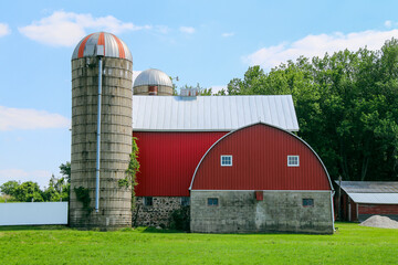 A large red barn with a white metal roof stands next to a tall concrete silo on green grass with trees in the background under a blue sky on a sunny summer day © DrewDuzz