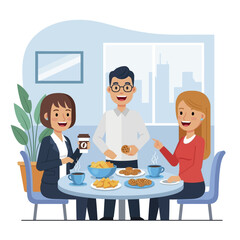 Three happy colleagues enjoying coffee break with snacks at office.