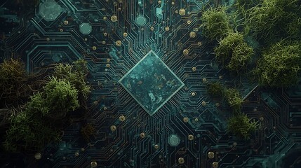 Stunning technology circuit board with moss showcasing nature meets technology, a powerful concept for innovation and sustainability, with modern design elements