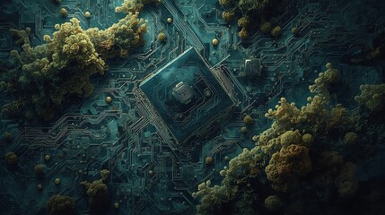 Intricate circuit board design with moss-like elements creating a unique blend of technology and nature, perfect for abstract concepts