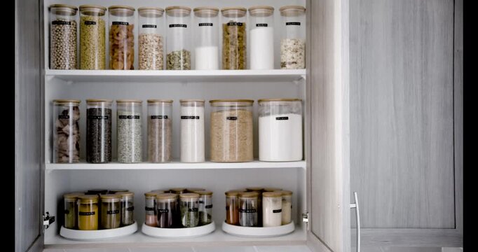 Pantry Doors Open to Neatly organized labeled food pantry in a home kitchen with spices grains flour rice sugar nuts, no face, only hands