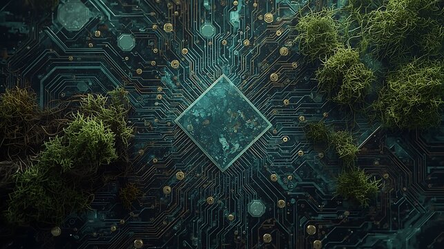 Stunning technology circuit board with moss showcasing nature meets technology, a powerful concept for innovation and sustainability, with modern design elements