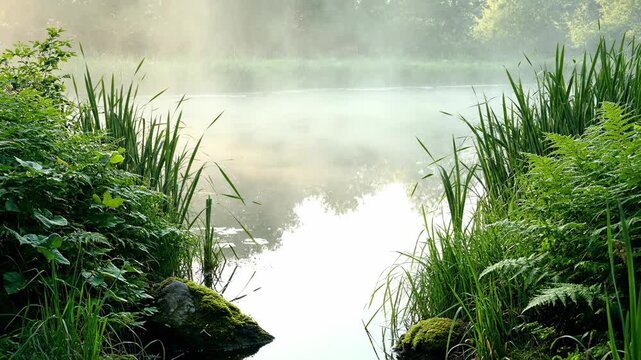 Wide Shot of a Misty Morning Pond Surrounded by Lush Greenery and Fog quiet, beautiful, outdoor