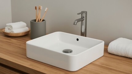 Modern bathroom design featuring sleek white sink, chrome faucet, and bamboo accents for a calming, spa-like atmosphere, perfect for home decor inspiration