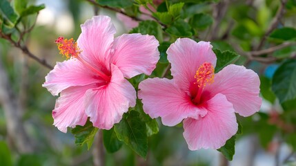 Obraz premium Two vibrant pink tropical blossoms display prominent stamens and pistils amidst lush foliage.