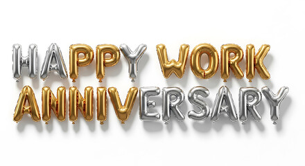 Gold and silver balloons spell Happy Work Anniversary on white background image