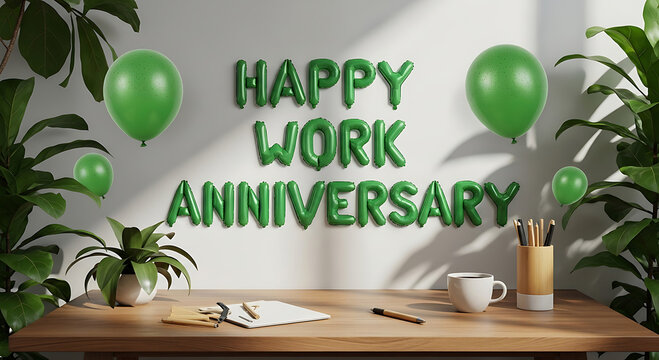 Green balloons and foil letters spell happy work anniversary on wall image