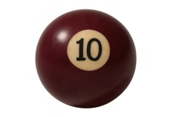 Playing billiards with a dark red striped number ten pool ball. Sport, leisure, and entertainment concept. Transparent background