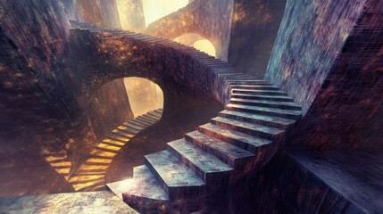 Fototapeta premium Intricate stone spiral staircases in a surreal, glowing underground labyrinth