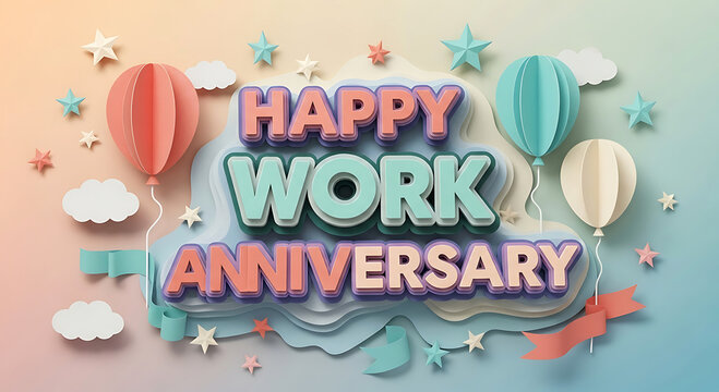Papercraft balloons and stars celebrate happy work anniversary celebration - Powered by Adobe