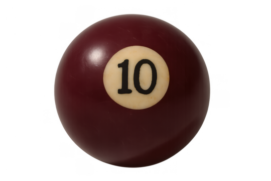 Playing billiards with a dark red striped number ten pool ball. Sport, leisure, and entertainment concept. Transparent background