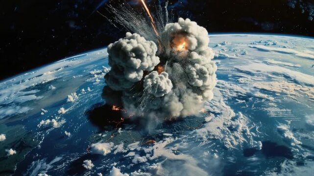 Nuclear explosion on the surface of planet Earth, view from space. Atomic bomb blast. Apocalypse or world war 