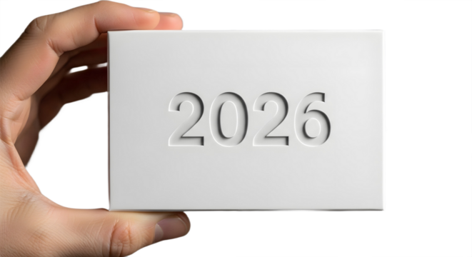 Minimalist hand holds white box with engraved “2026” — clean symbol for goals and futures.