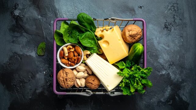 Top Down View of Shopping Basket Filled with Cheese, Nuts and Greens