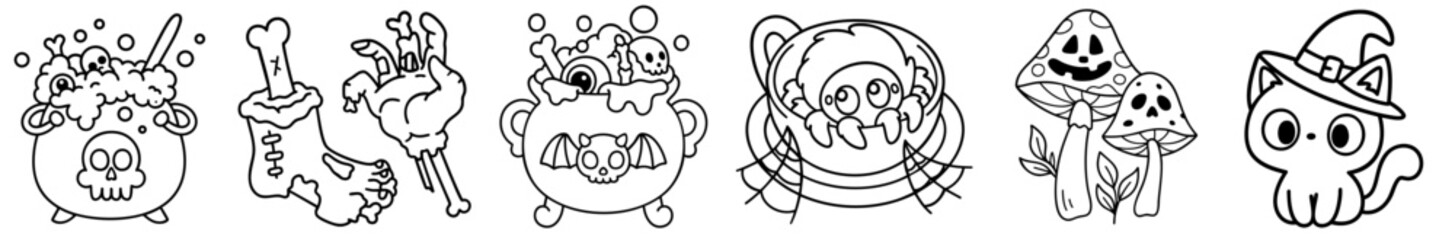 bubbling cauldrons, stitched limbs, dirty mug with spider, toxic mushrooms, poisoned drinks, witch kitten, and spooky bubbling slime