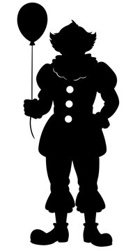 Halloween creepy clown silhouette holding balloon, spooky horror character with frizzy hair and ruffled suit