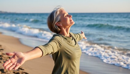 A mature woman stands on a sandy beach with arms outstretched, embracing the sea breeze and the warmth of the sun, embodying freedom and tranquility
