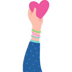 Pink Heart Held Up High By A Diverse Hand Wearing Colorful Bracelets And A Blue Patterned Sleeve