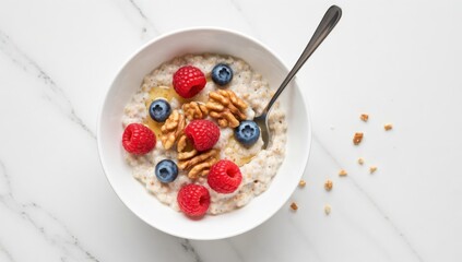 A comforting bowl of oatmeal, adorned with fresh raspberries, blueberries, and walnuts, drizzled with honey, isolated on white background, a healthy and delicious breakfast