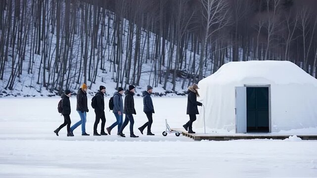 Group of people walking on a frozen lake towards a white igloolike structure in a snowy landscape with a forest in the background.