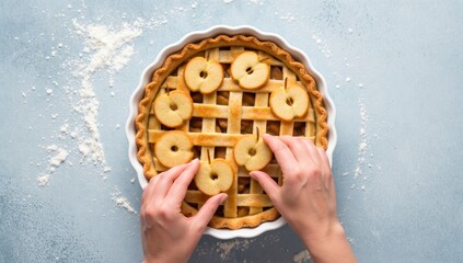 Overhead shot of hands placing apple slices on a latticetopped apple pie in a white dish, set against a light blue background dusted with flour, creating a cozy, homemade feel