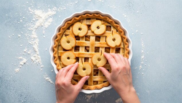 Overhead shot of hands placing apple slices on a latticetopped apple pie in a white dish, set against a light blue background dusted with flour, creating a cozy, homemade feel - Powered by Adobe